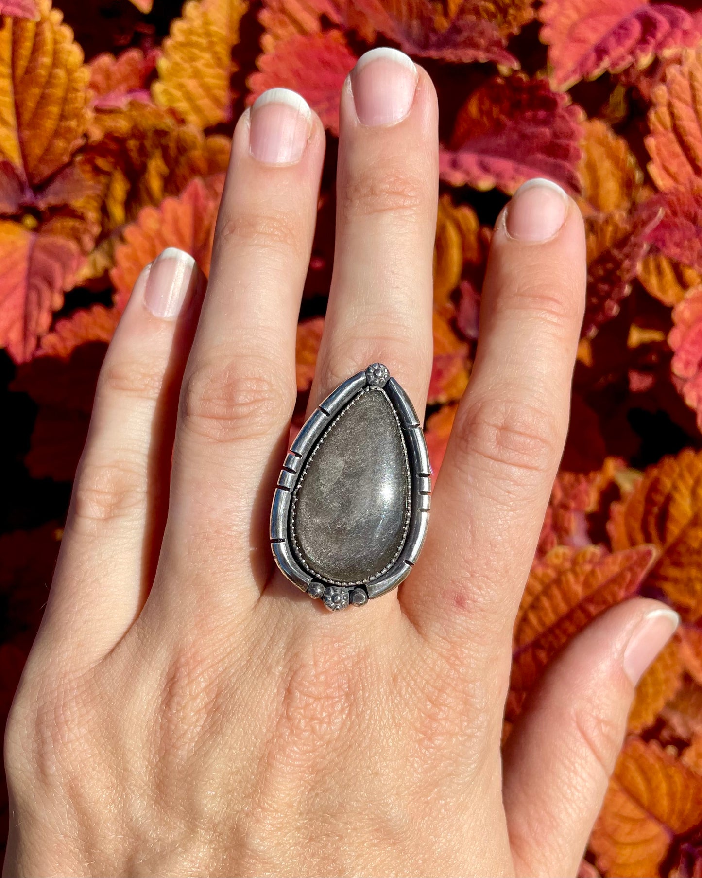 Adjustable Silver Sheen Obsidian Cut Boarder Ring
