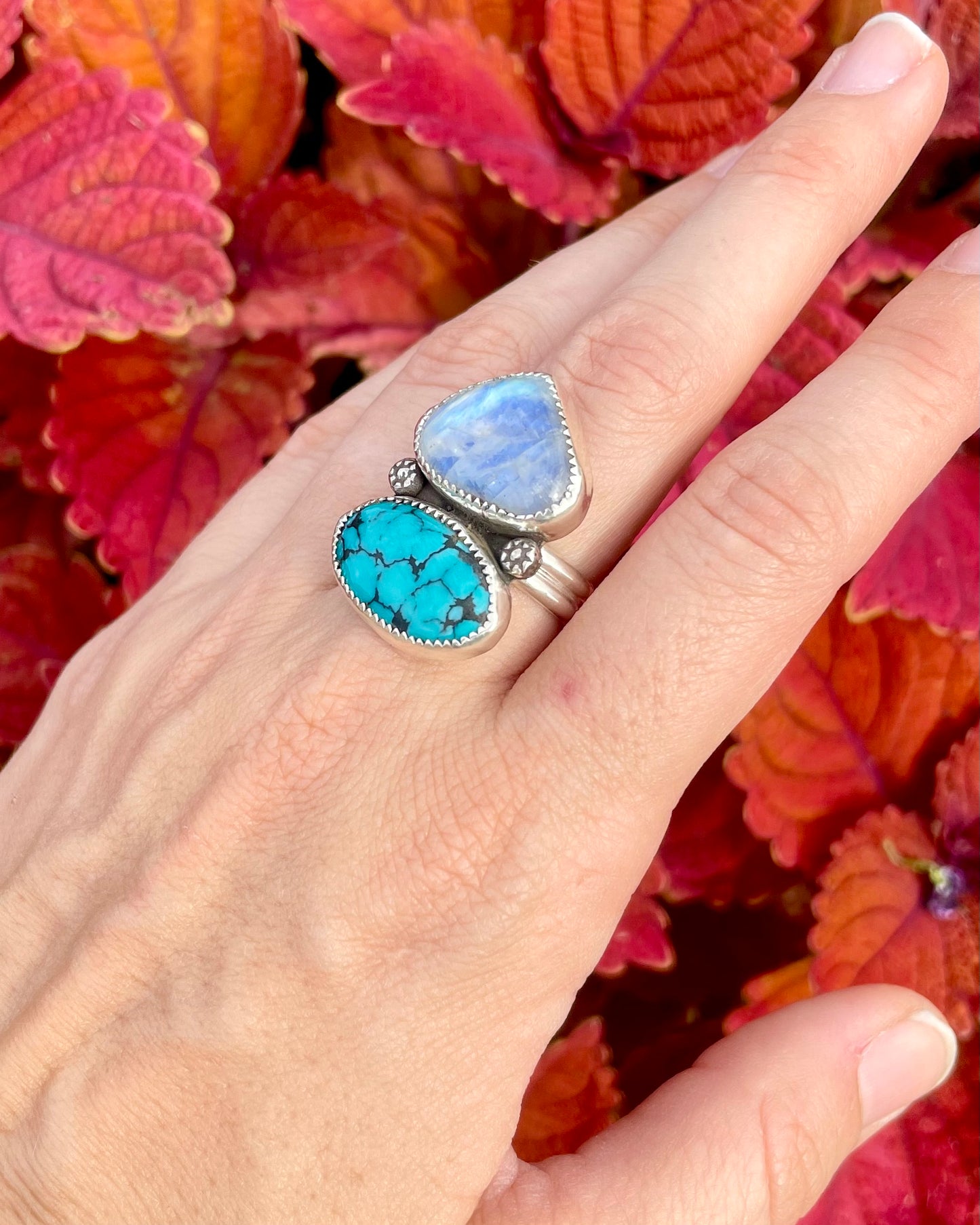 Adjustable Vintage Hubei Turquoise and Moonstone Statement Ring