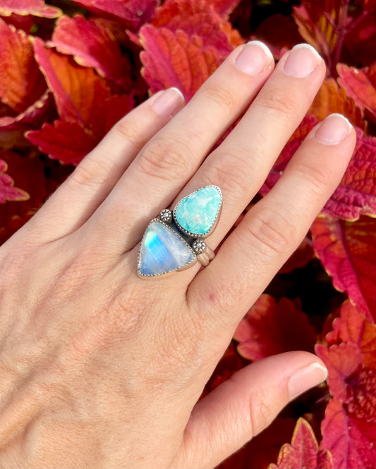 Adjustable White Water Turquoise and Moonstone Statement Ring