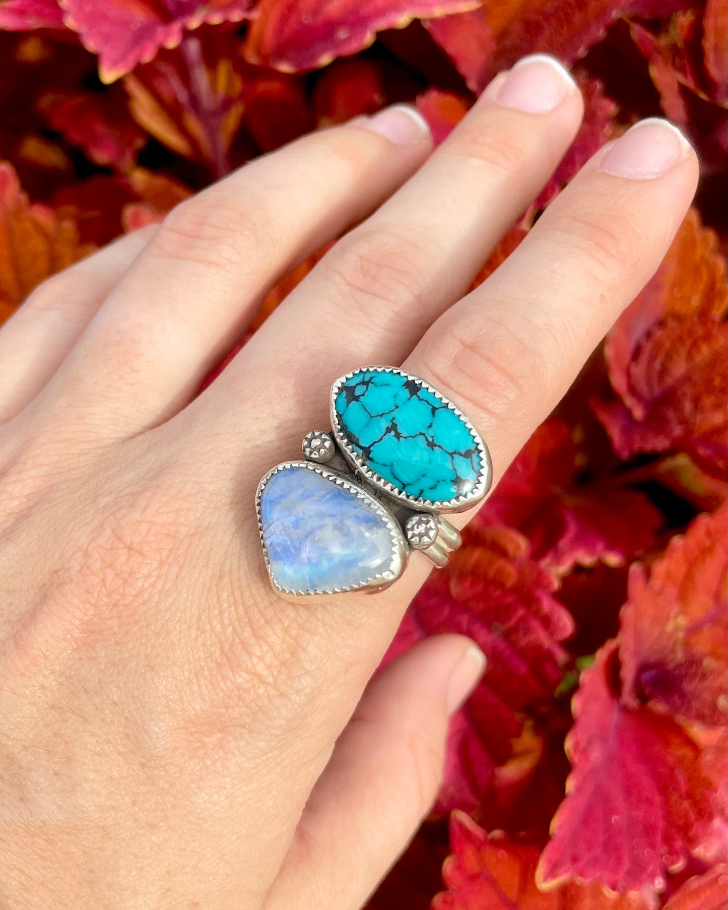 Adjustable Vintage Hubei Turquoise and Moonstone Statement Ring