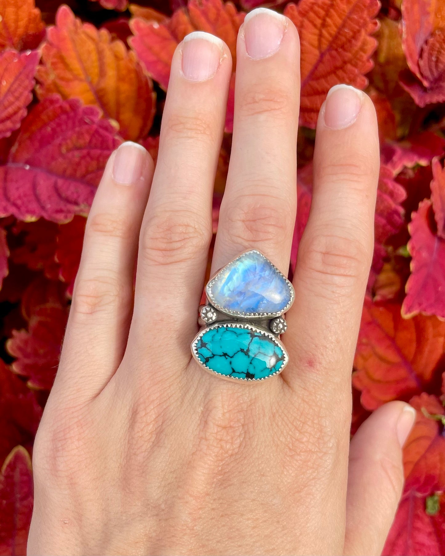 Adjustable Vintage Hubei Turquoise and Moonstone Statement Ring