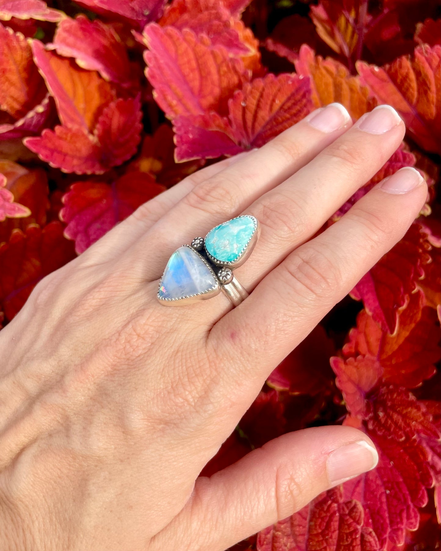 Adjustable White Water Turquoise and Moonstone Statement Ring