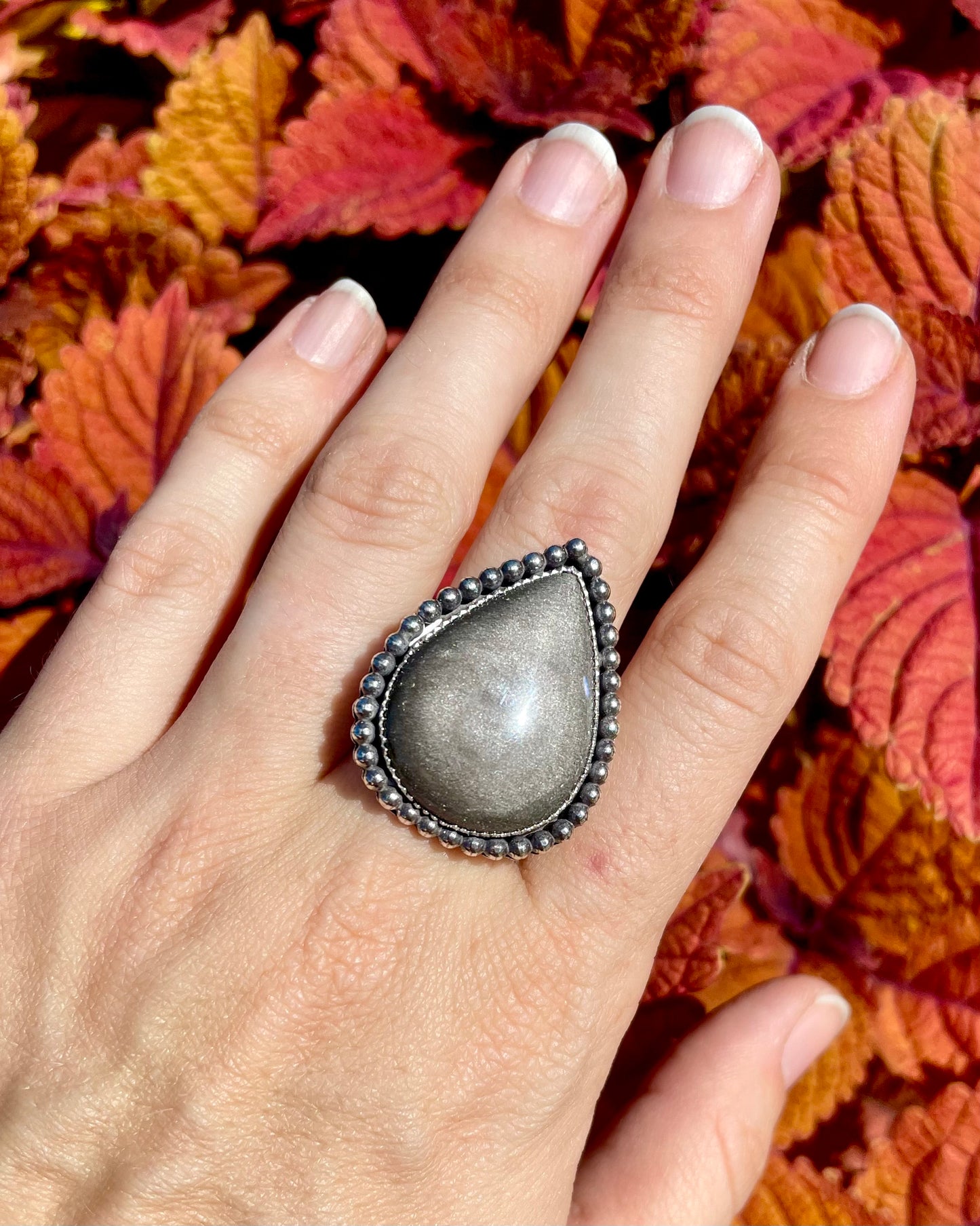 Adjustable Silver Sheen Obsidian Mesa Ring