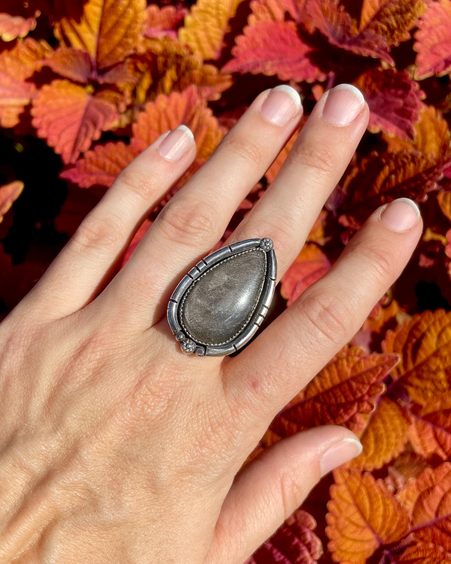 Adjustable Silver Sheen Obsidian Cut Boarder Ring