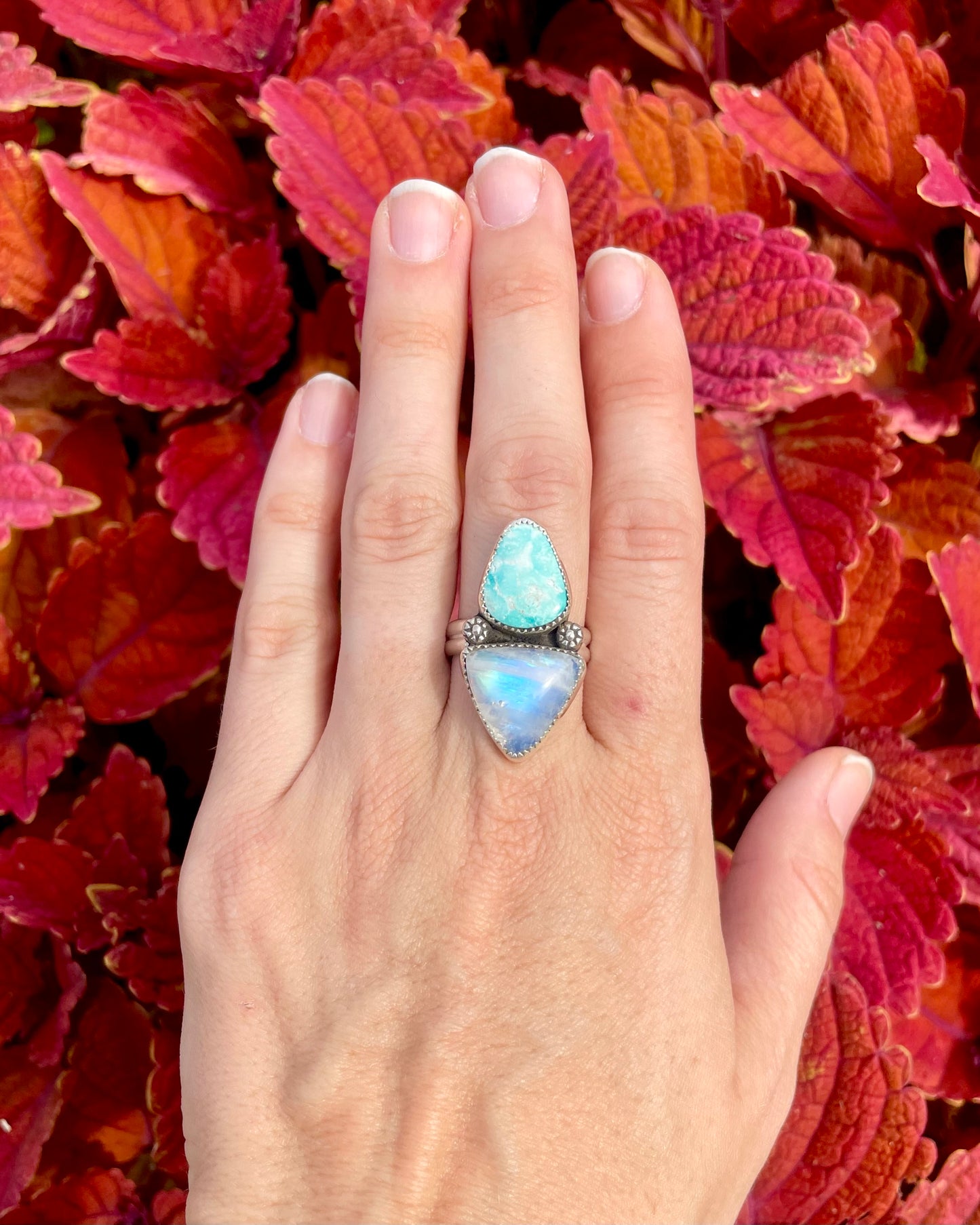 Adjustable White Water Turquoise and Moonstone Statement Ring