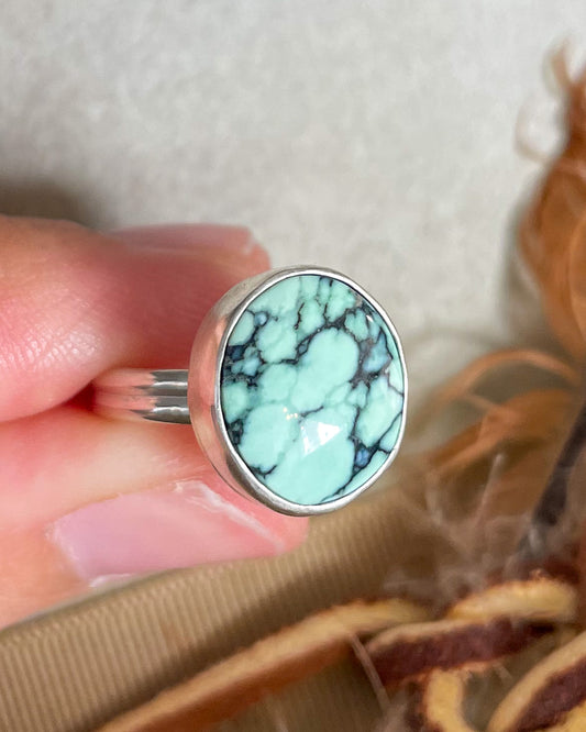 soft sage green angel wing variscite handcrafted ring with smooth bezel and double half round band