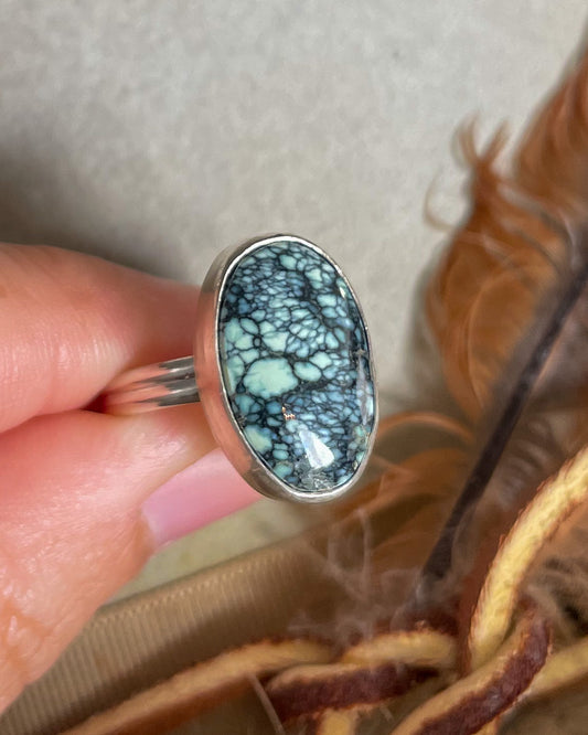 oval angel wing variscite with heavy matrix handcrafted ring with smooth bezel and double half round band