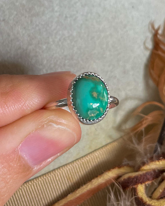 emerald valley turquoise handcrafted ring set in serrated bezel on delicate half round band