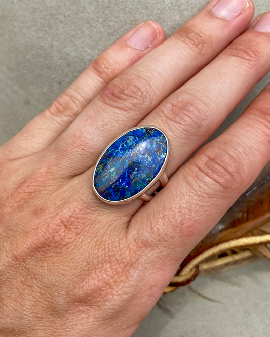 handcrafted blue bird azurite and malachite ring with smooth silver bezel on split shank band