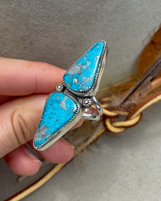 handcrafted ithica peak turquoise double triangular stone ring with natural pyrite set in serrated bezels with floral beads on a split shank band