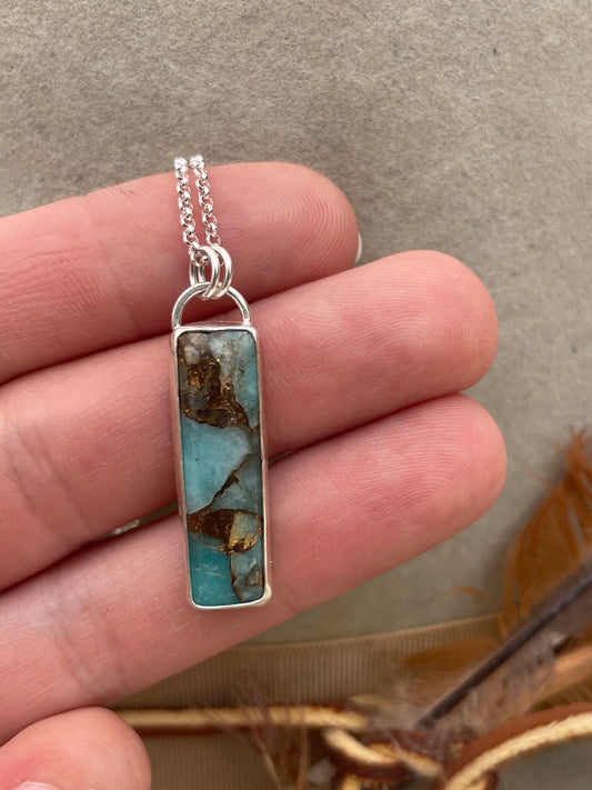 amazonite and bronze rectangle pendant on dainty rolo chain