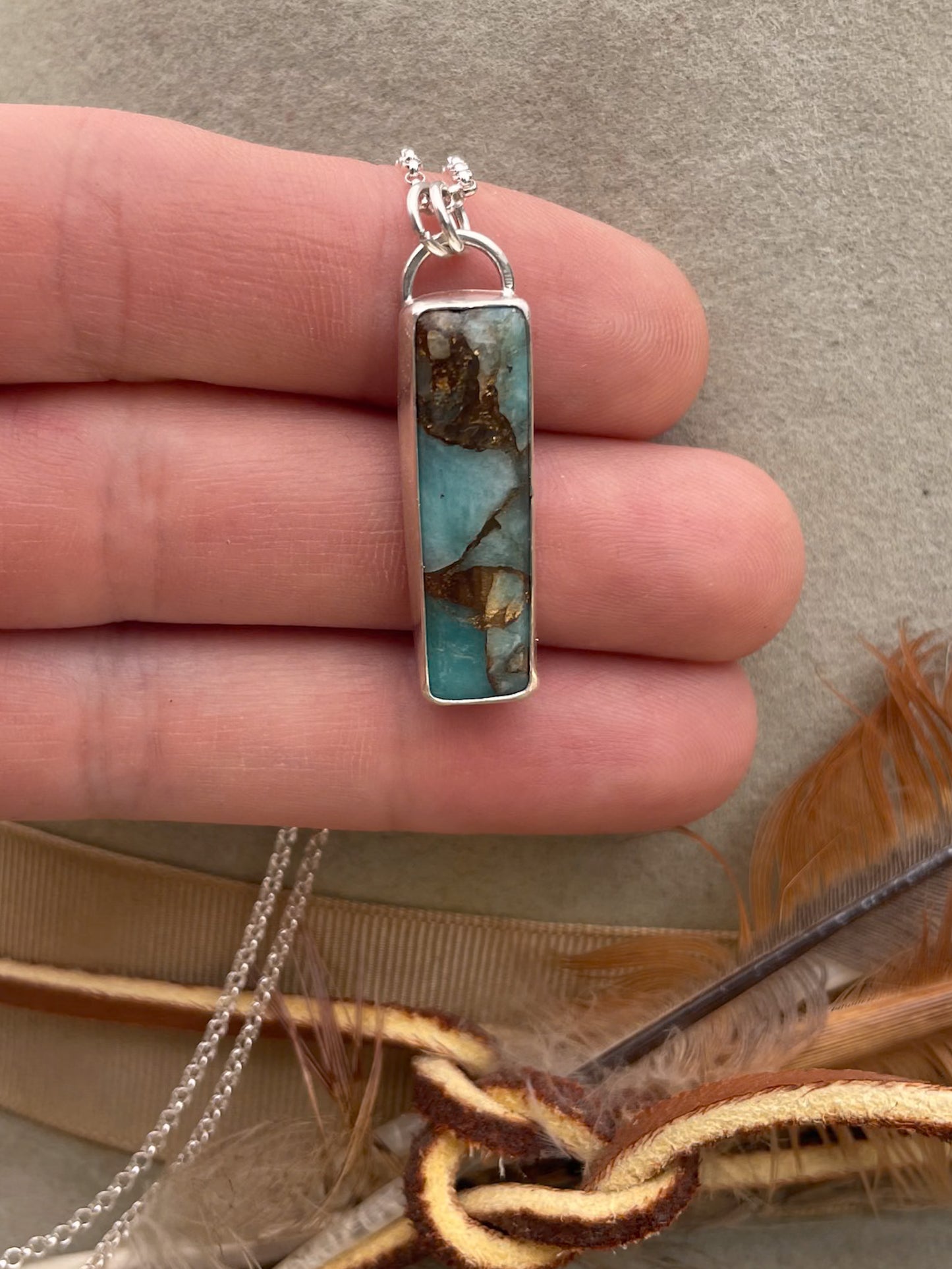 amazonite and bronze rectangle pendant on dainty rolo chain