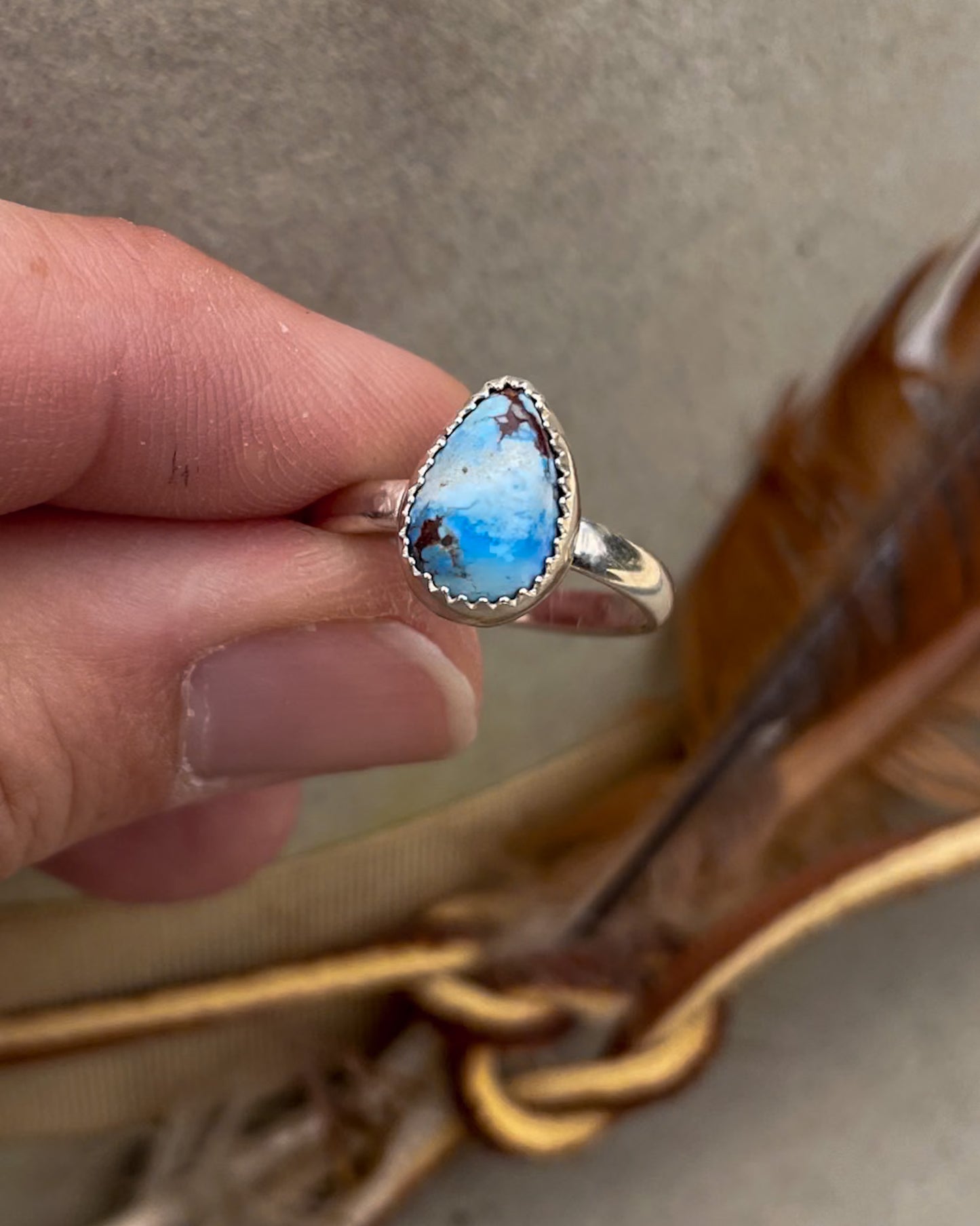 small golden hills turquoise pear ring on chunk silver band