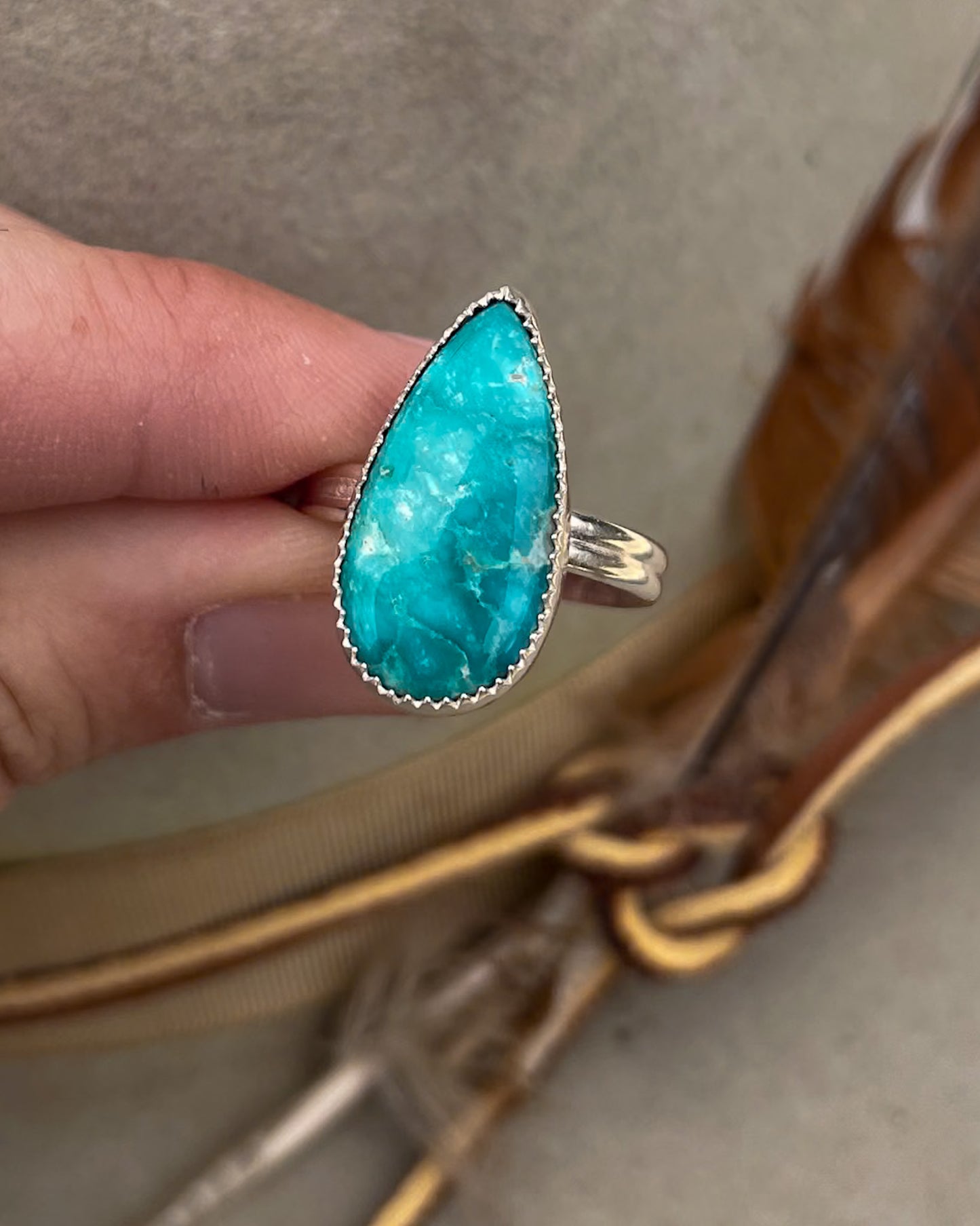 elongated pear white water turquoise ring on double half round band