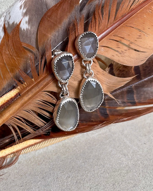 grey moonstone rosecut drop earrings on brown feather