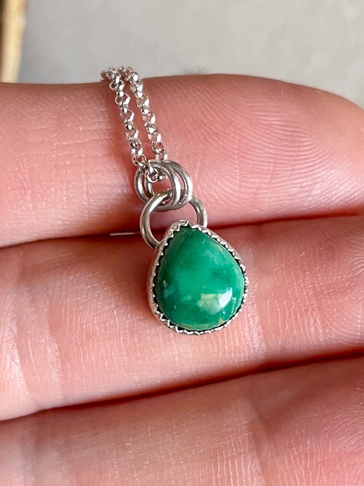 Emerald Valley Turquoise necklace with teardrop-shaped turquoise pendants on dainty rolo chain