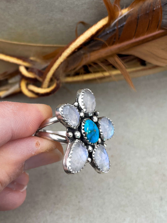 Rainbow Moonstone Flower Ring (Size 8)