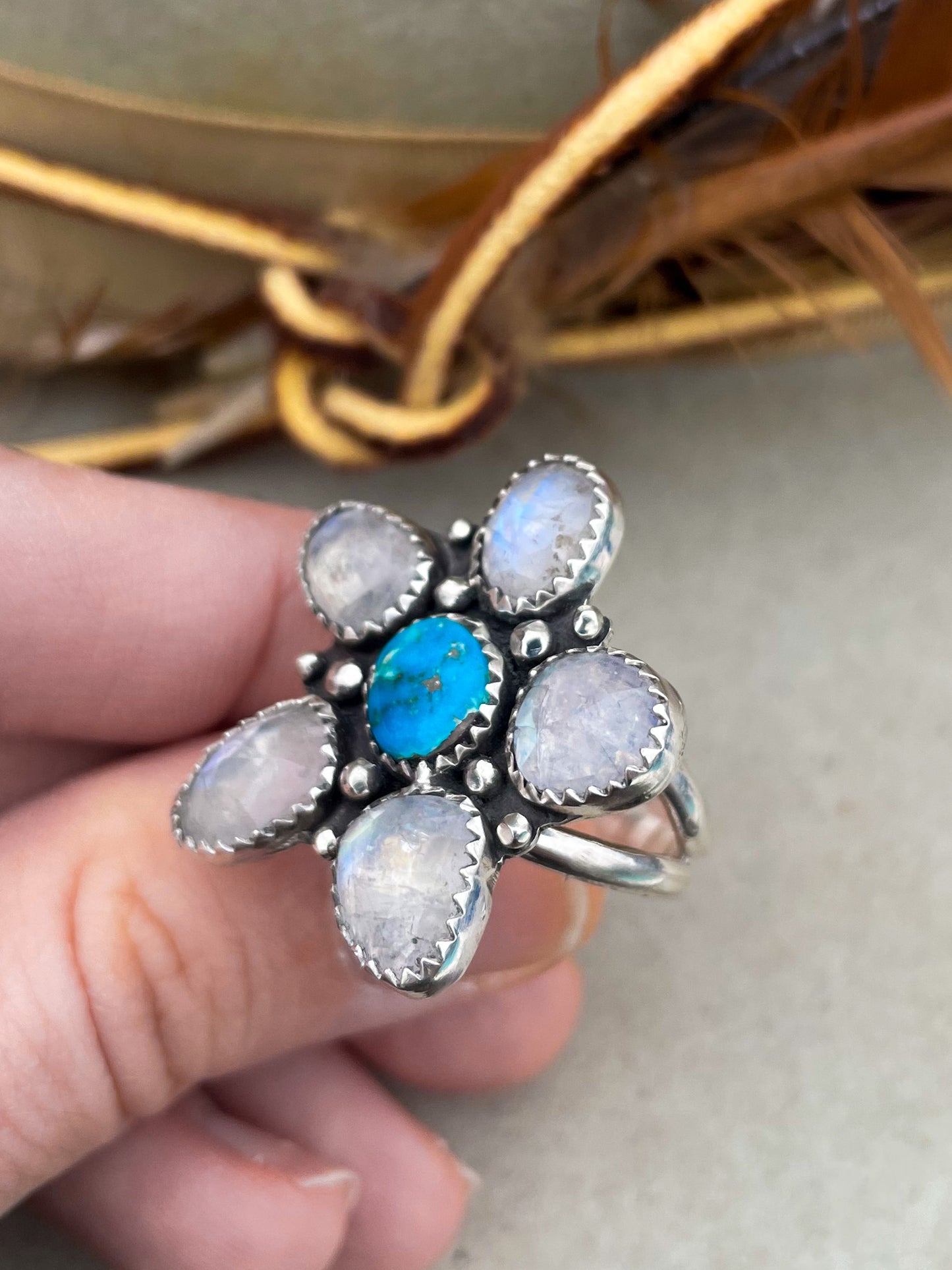 Rainbow Moonstone Flower Ring (Size 8)