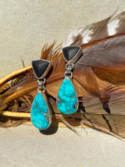 Matte Onxy & White Water Turquoise Drop Earrings