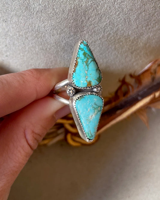 mirrored turquoise mountain turquoise cabochons separated by floral accents on split shank band held in fingers