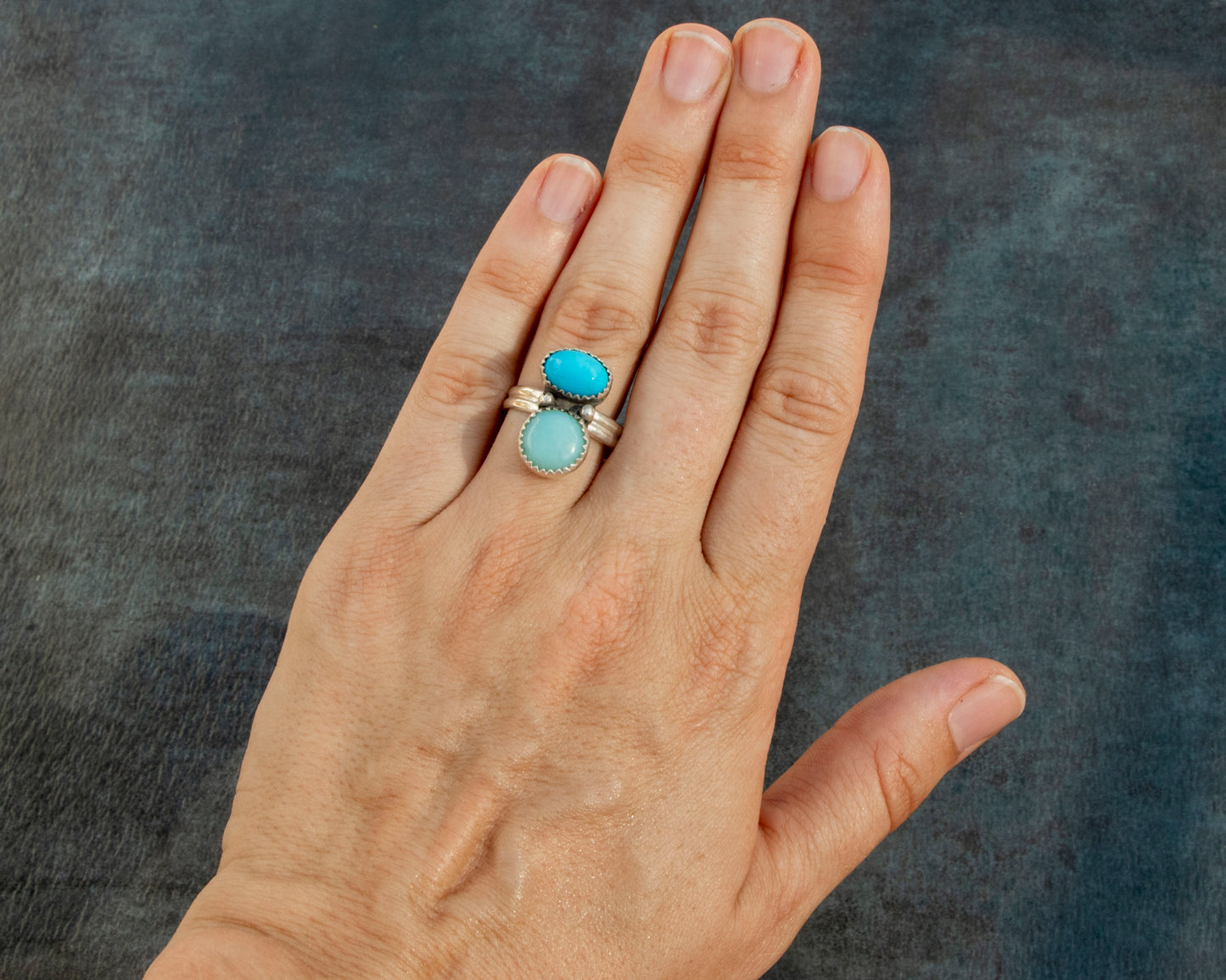 Sleeping Beauty Turquoise and Larimar Two Stone Statement Ring Size 8.5