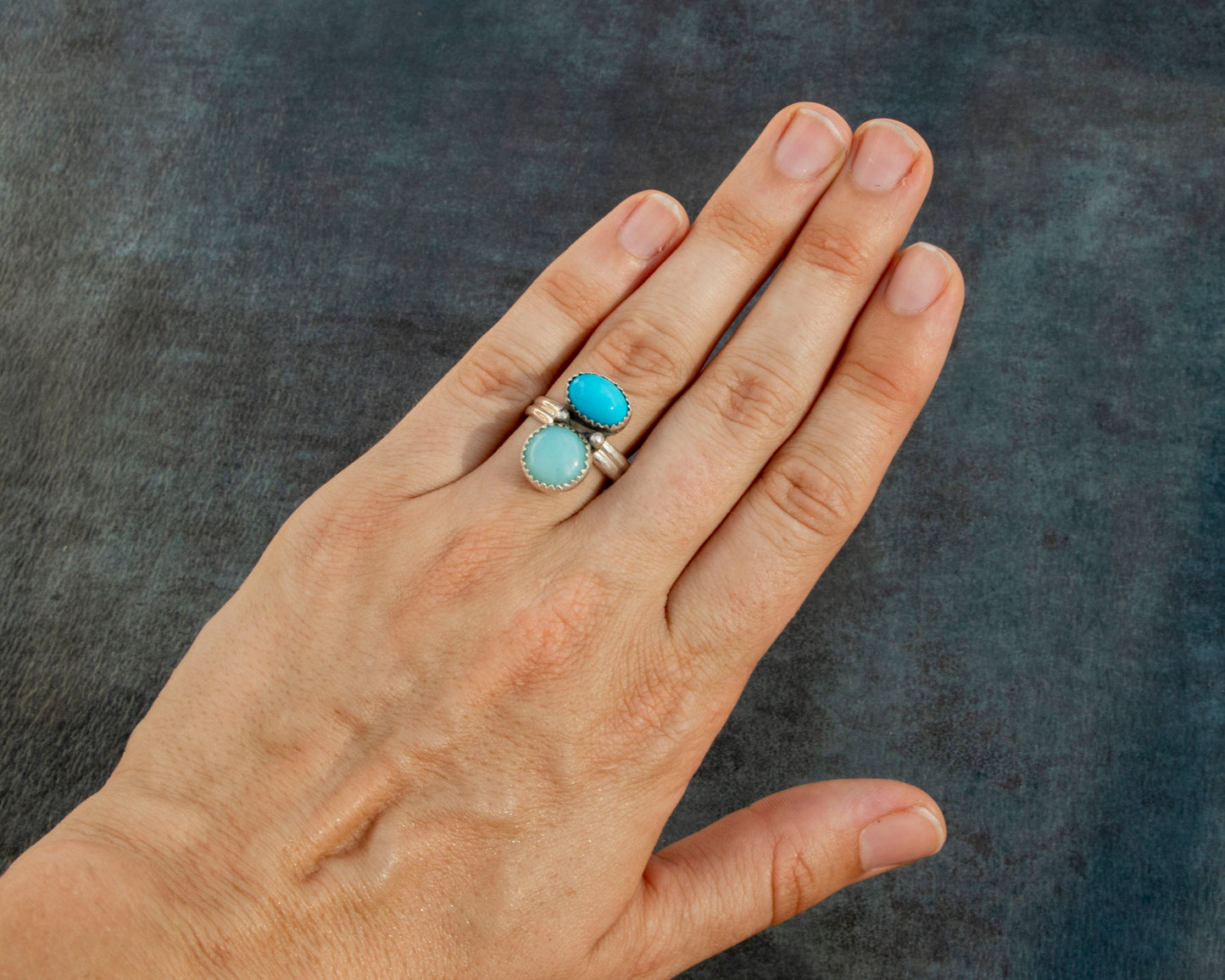 Sleeping Beauty Turquoise and Larimar Two Stone Statement Ring Size 8.5