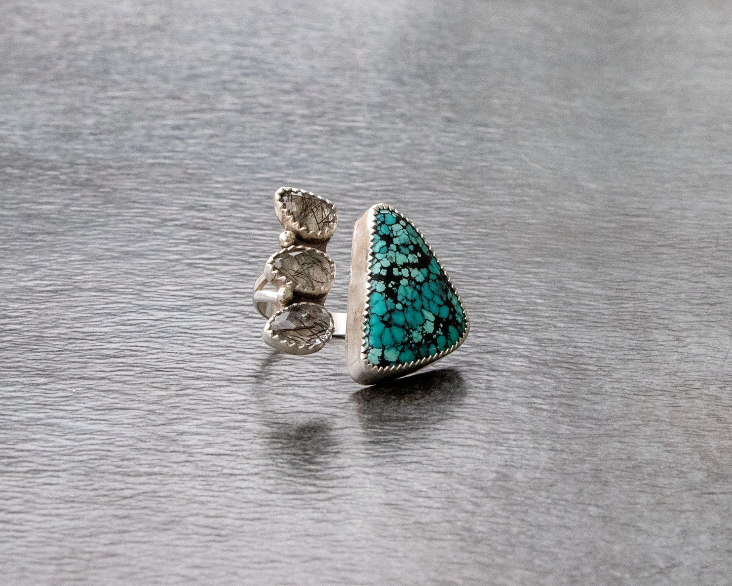 Hubei Turquoise and Tourmalinated Quartz Statement Ring Size 6