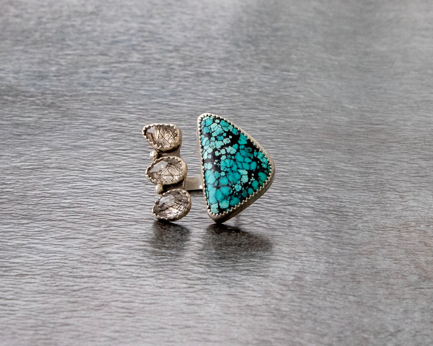 Hubei Turquoise and Tourmalinated Quartz Statement Ring Size 6