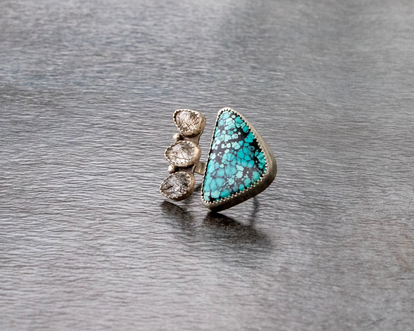 Hubei Turquoise and Tourmalinated Quartz Statement Ring Size 6