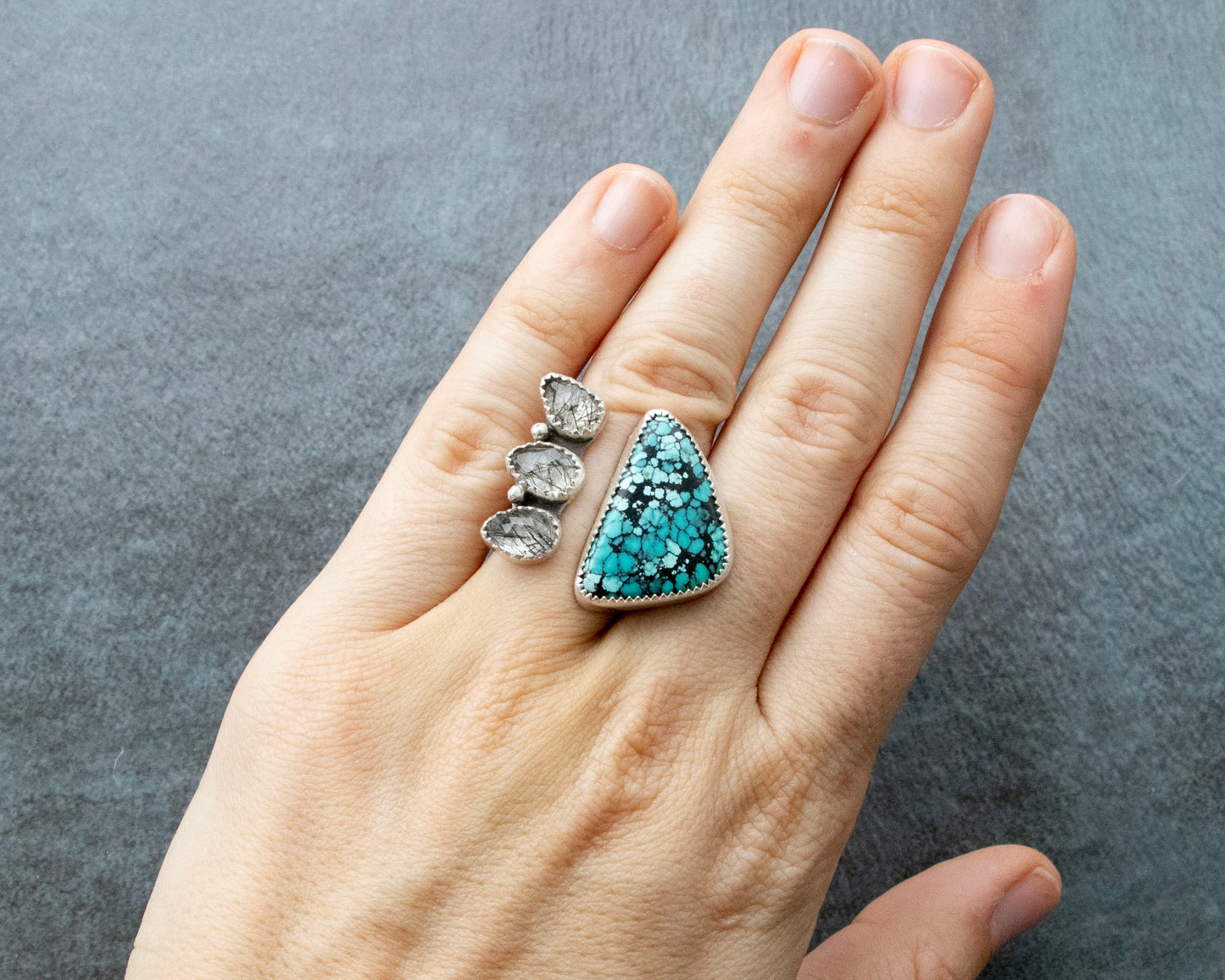 Hubei Turquoise and Tourmalinated Quartz Statement Ring Size 6