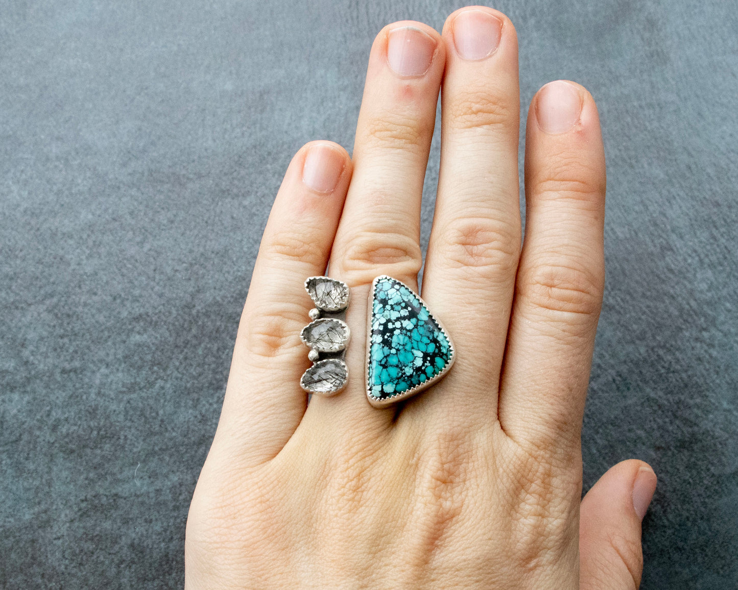 Hubei Turquoise and Tourmalinated Quartz Statement Ring Size 6