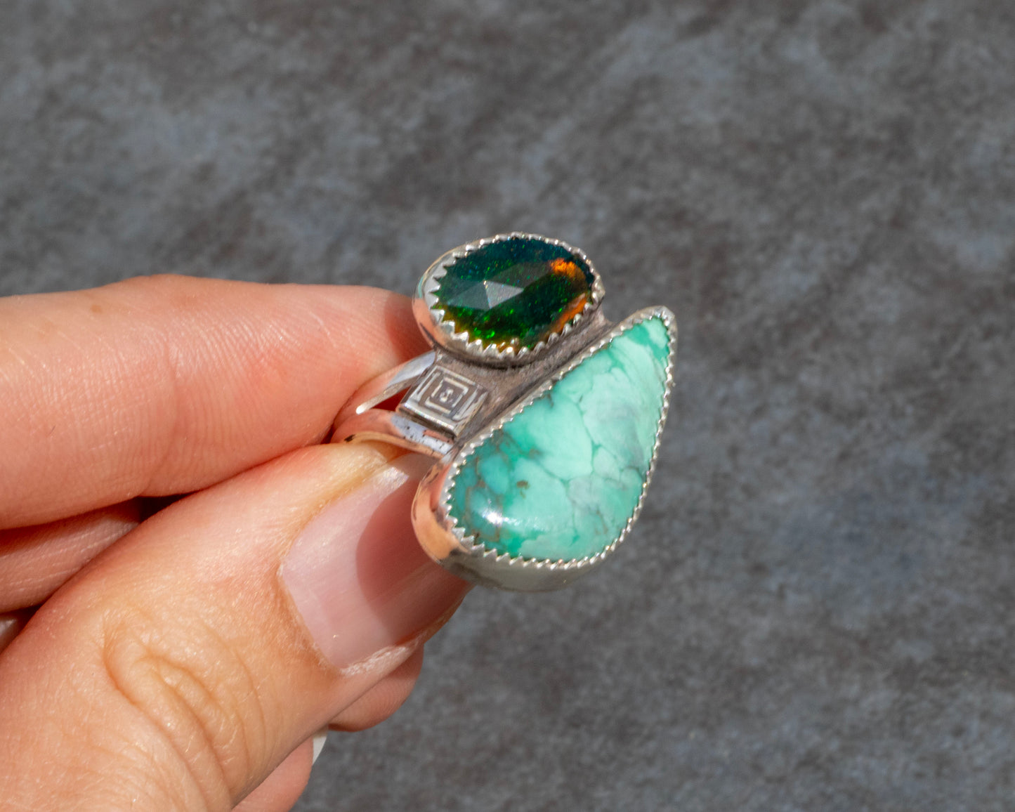Broken Arrow Turquoise and Black Opal Ring Size 8