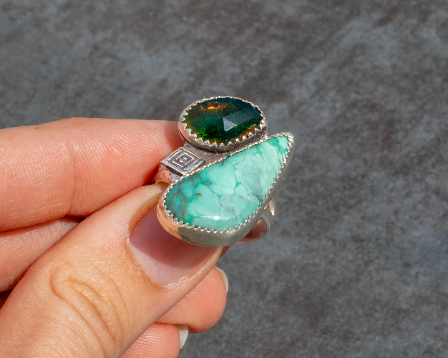 Broken Arrow Turquoise and Black Opal Ring Size 8