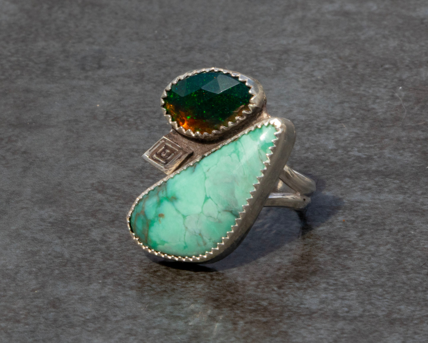 Broken Arrow Turquoise and Black Opal Ring Size 8
