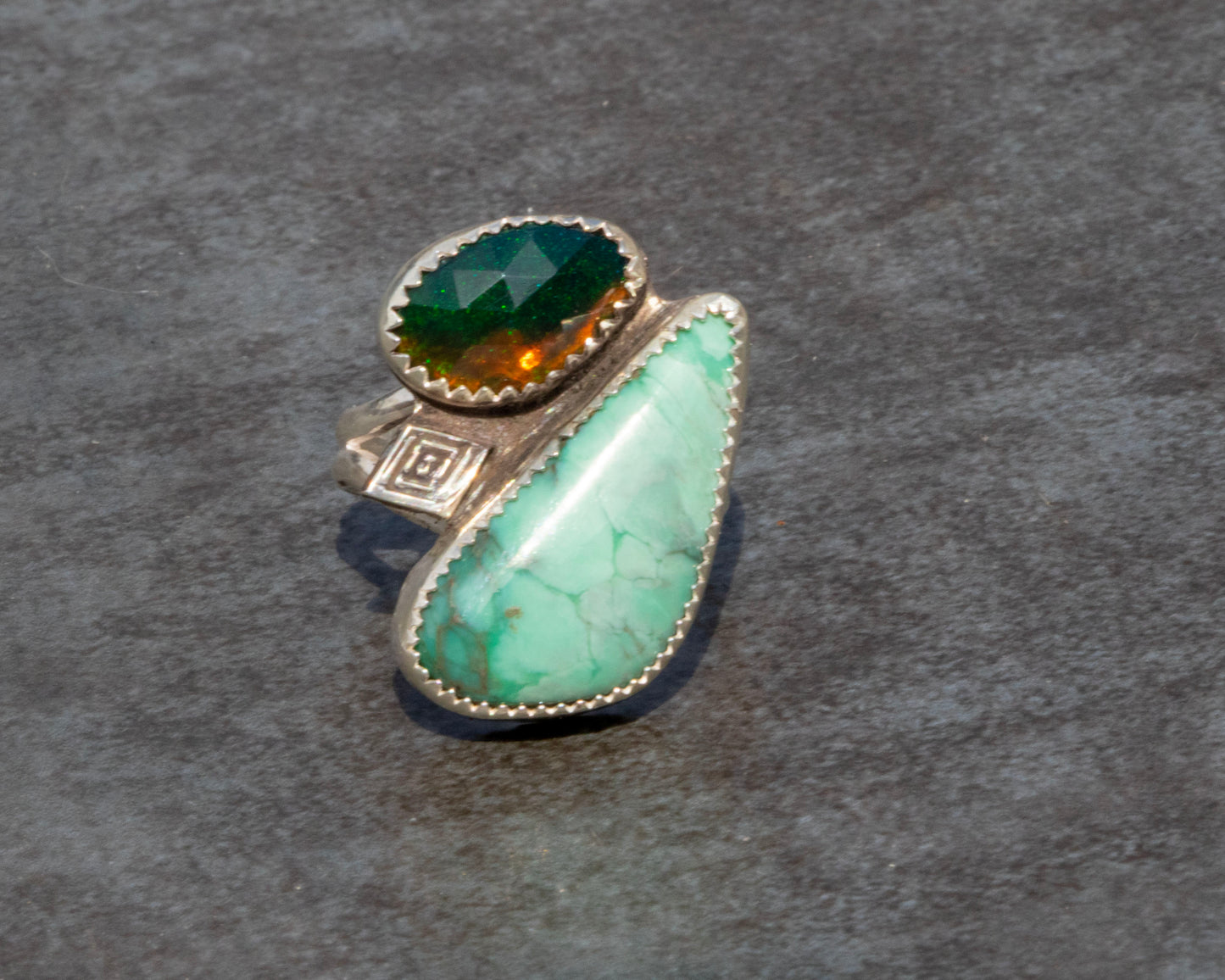 Broken Arrow Turquoise and Black Opal Ring Size 8