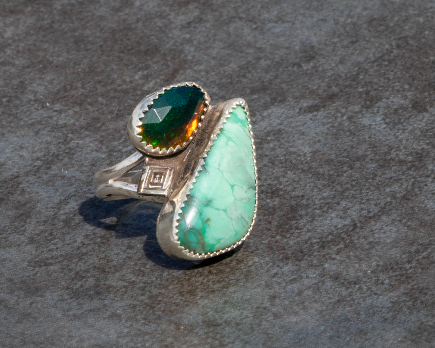 Broken Arrow Turquoise and Black Opal Ring Size 8