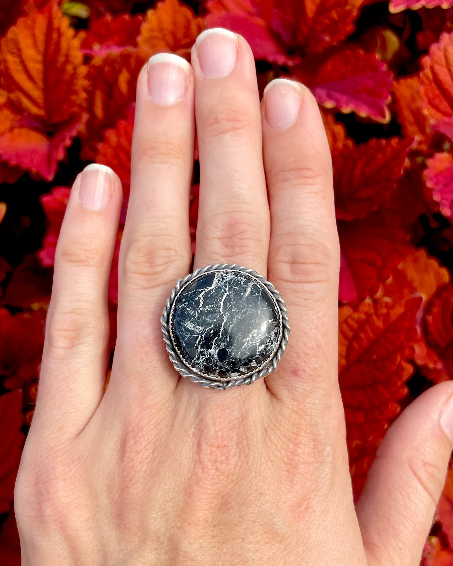 Adjustable White Buffalo Round Statement Ring