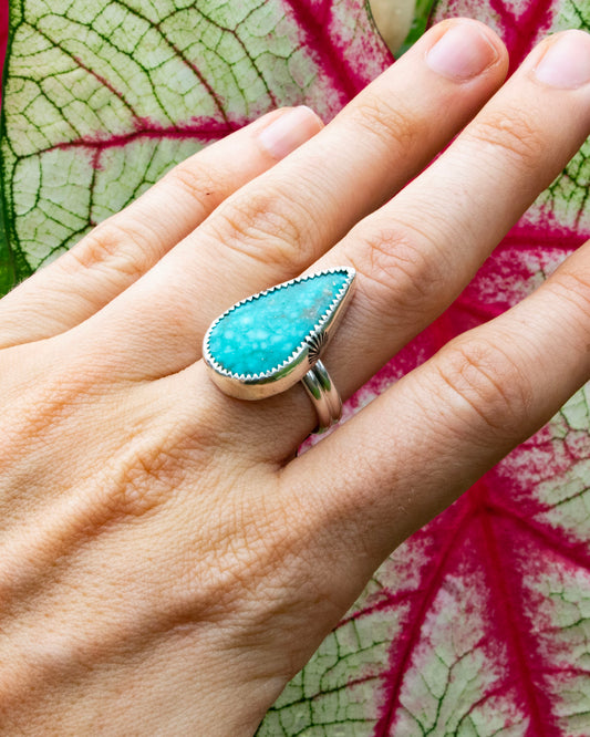 chunky teardrop kingman birdseye turquoise sterling silver ring with double half round band with sunrise stamp on side of bezel being worn on ring finger in front of red veins on a white and green leaf