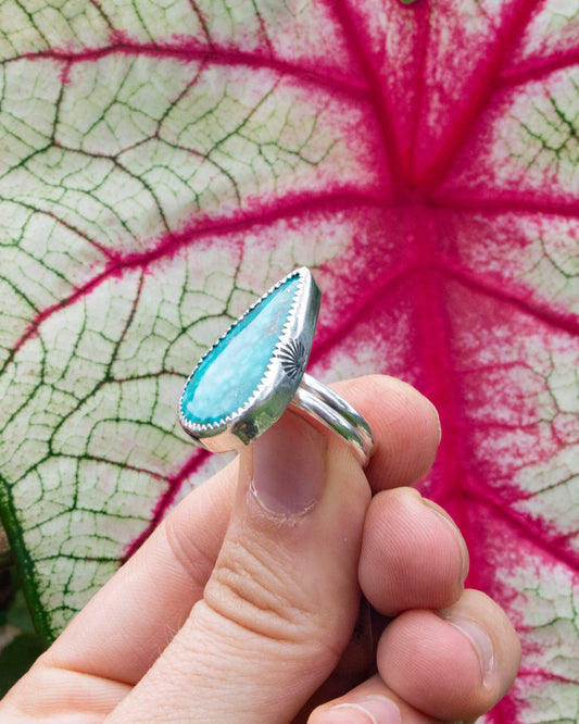 chunky teardrop kingman birdseye turquoise sterling silver ring with double half round band being held to show sunrise stamp on side of bezel in front of red veins on a white and green leaf