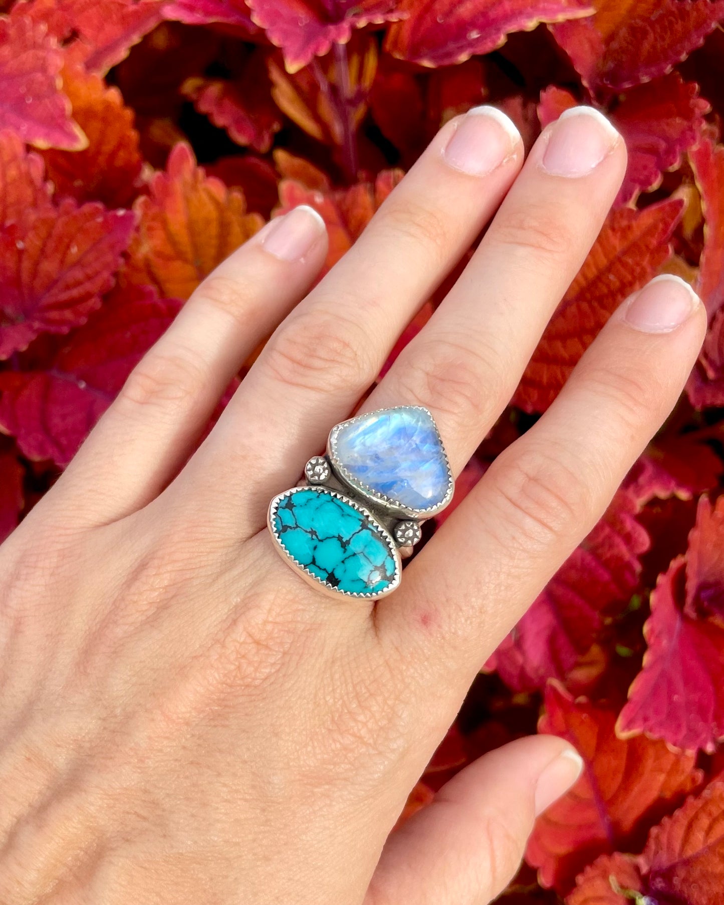 Adjustable Vintage Hubei Turquoise and Moonstone Statement Ring