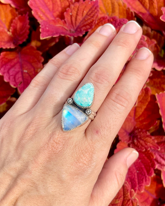 Adjustable White Water Turquoise and Moonstone Statement Ring