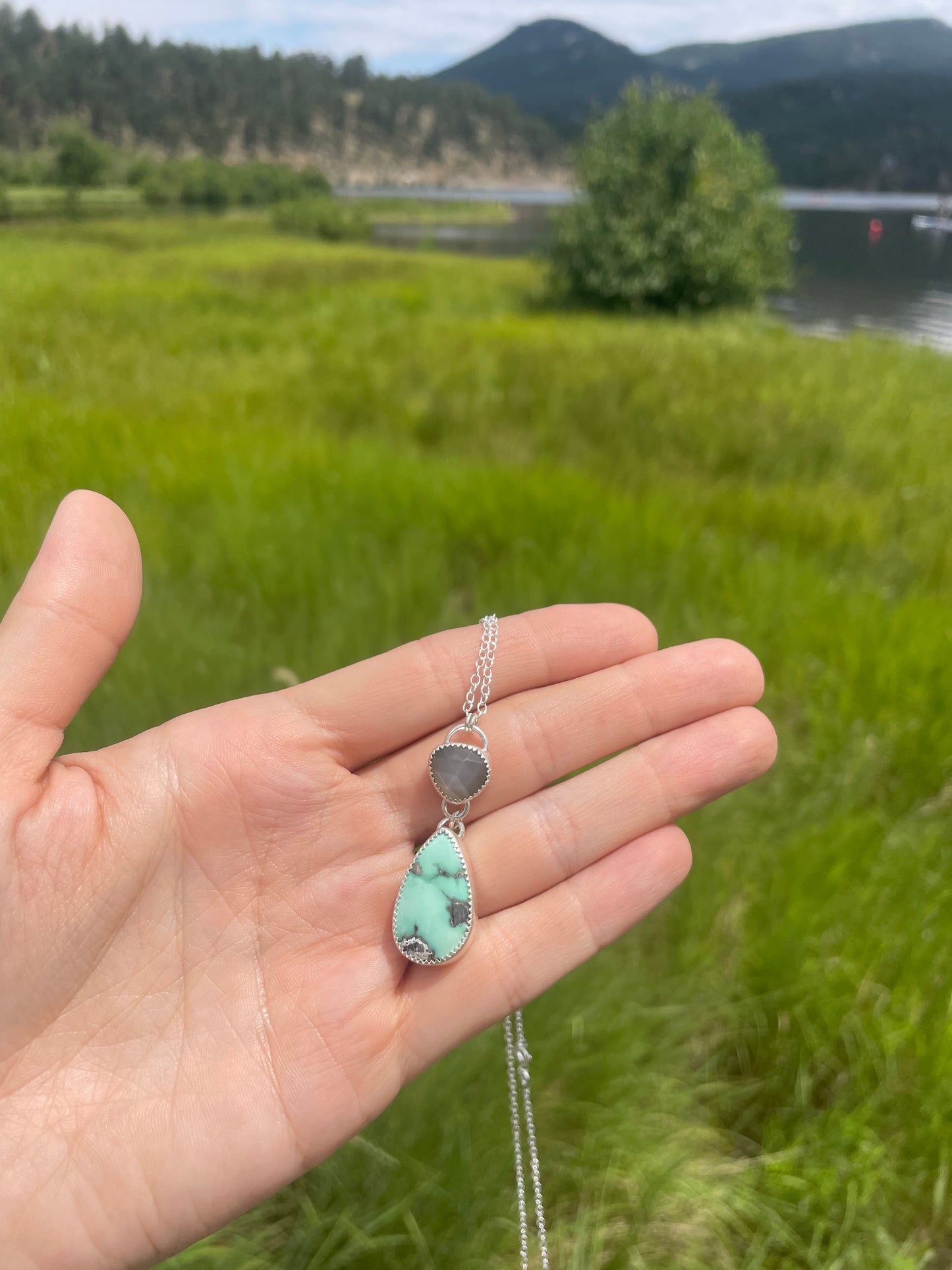 Midori Variscite and Grey Moonstone Drop Necklace