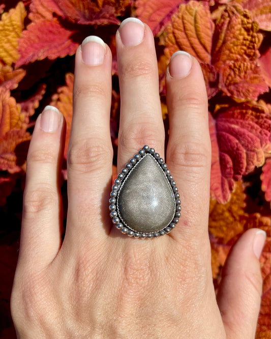 Adjustable Silver Sheen Obsidian Mesa Ring