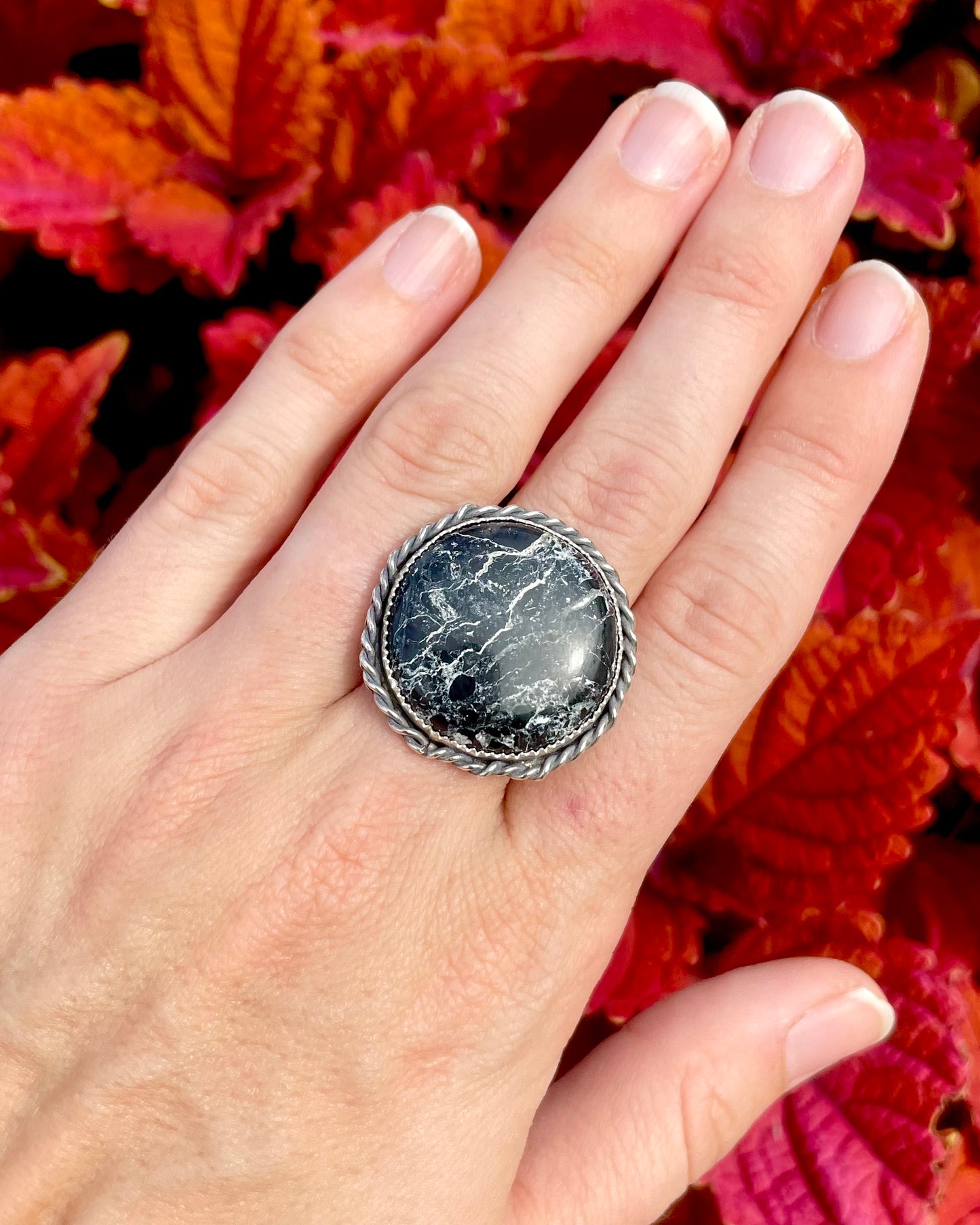 Adjustable White Buffalo Round Statement Ring