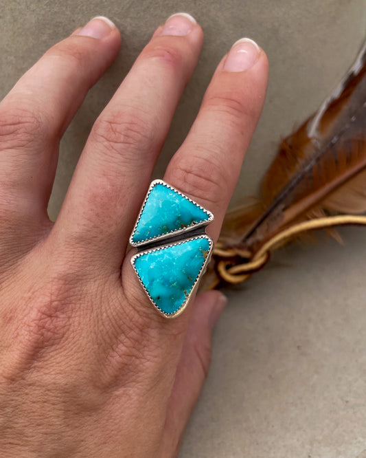 two triangular sierra bella turquoise stones in one striking geometric ring set in serrated bezels on a sterling silver split shank band