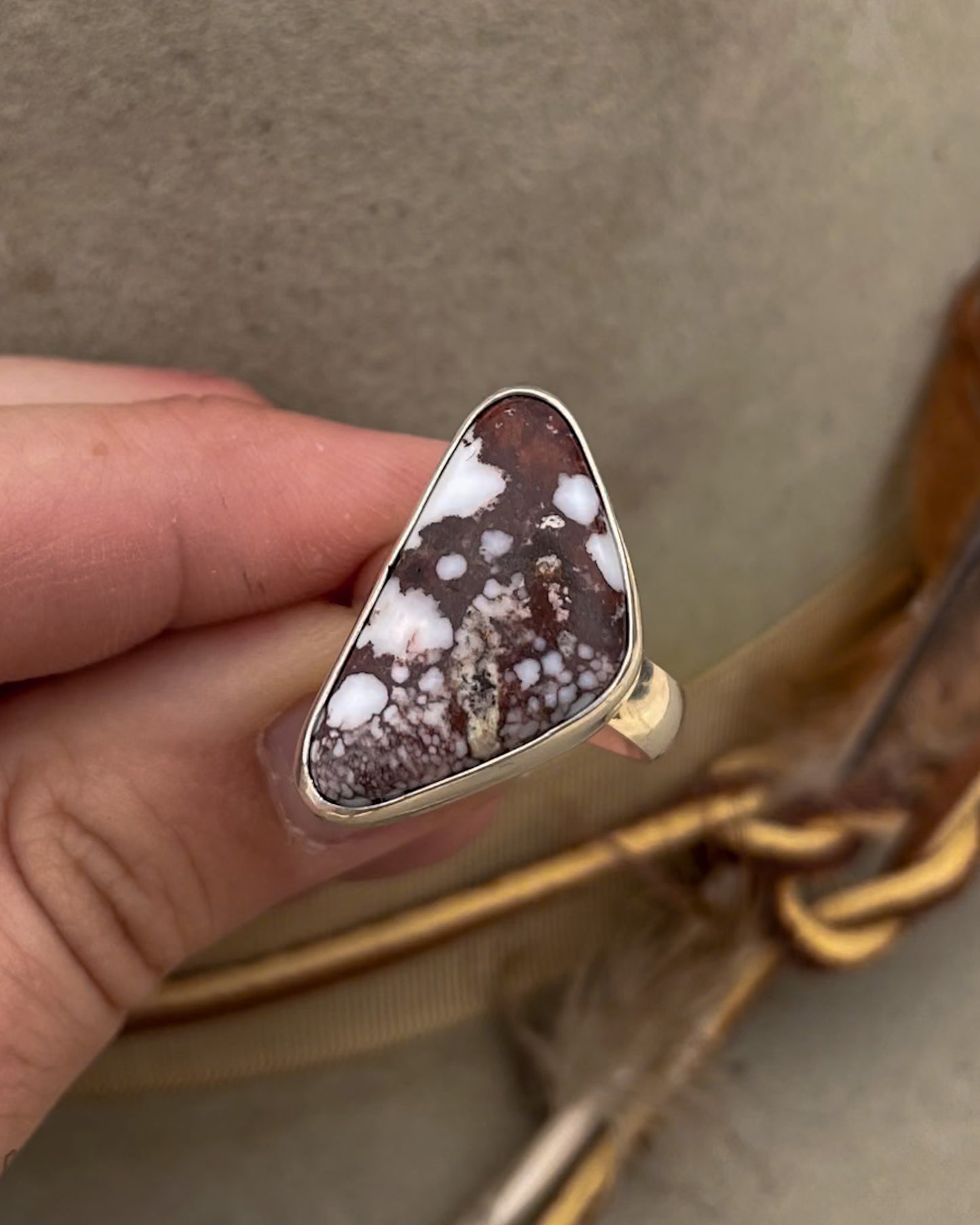 wild horse magnesite triangular stone ring with smooth bezel on chunky silver band