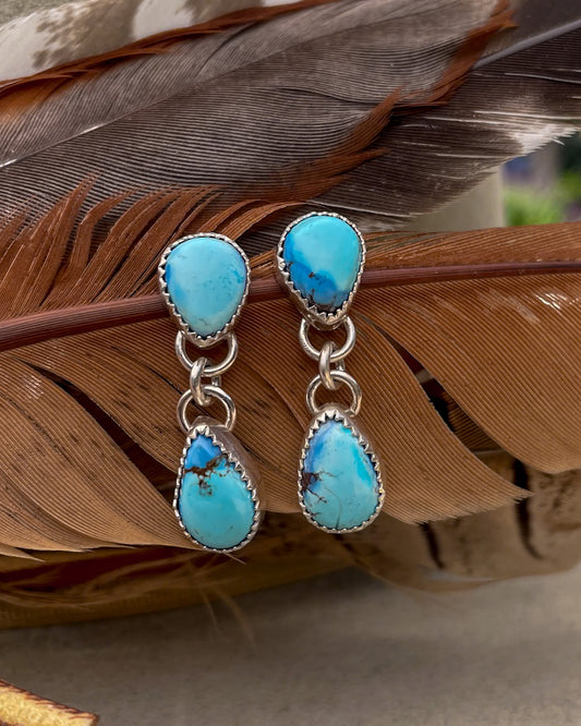 golden hill turquoise earrings with pear shaped stud and pear dangle hanging from the point