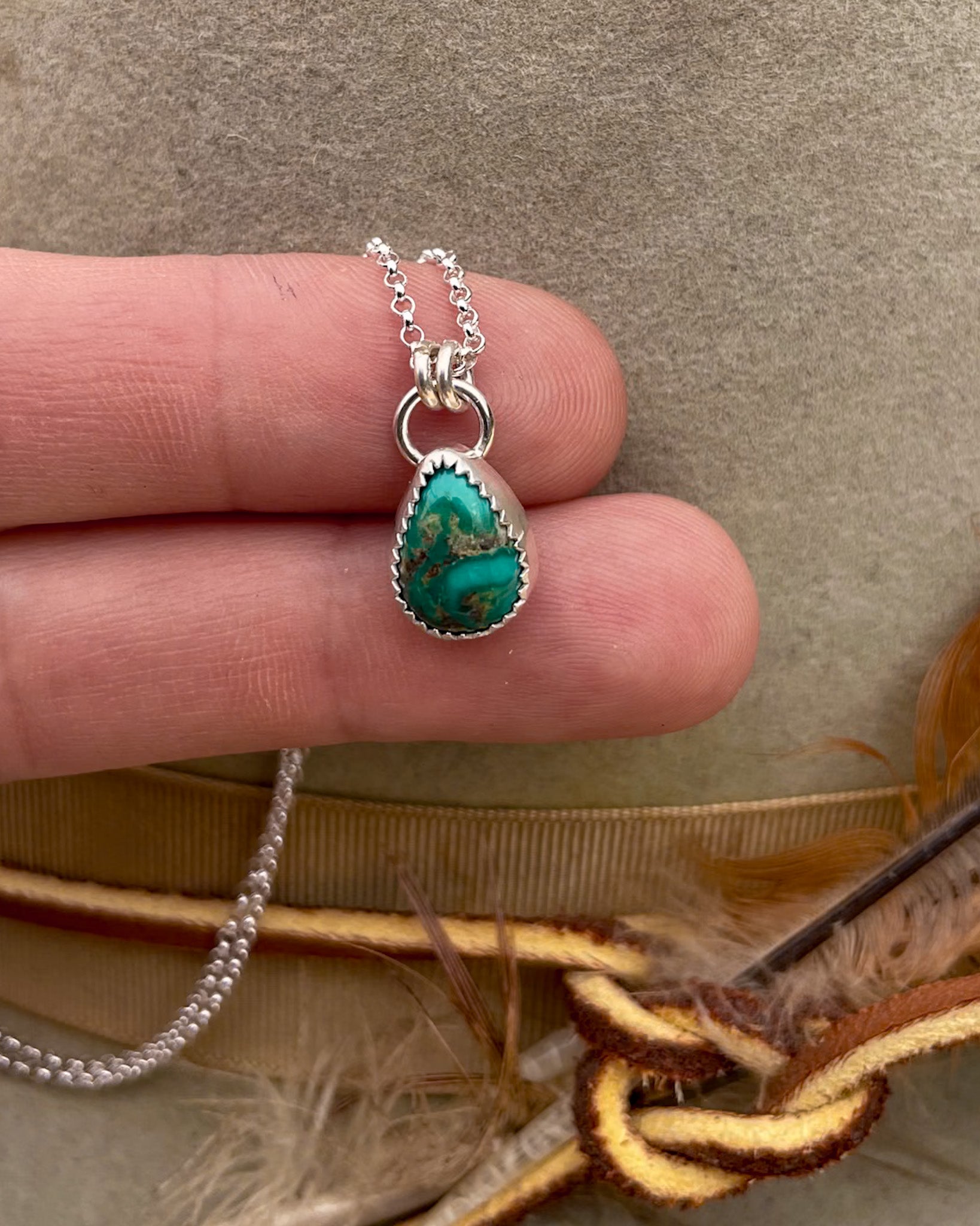 small emerald valley turquoise teardrop pendant on dainty rolo chain