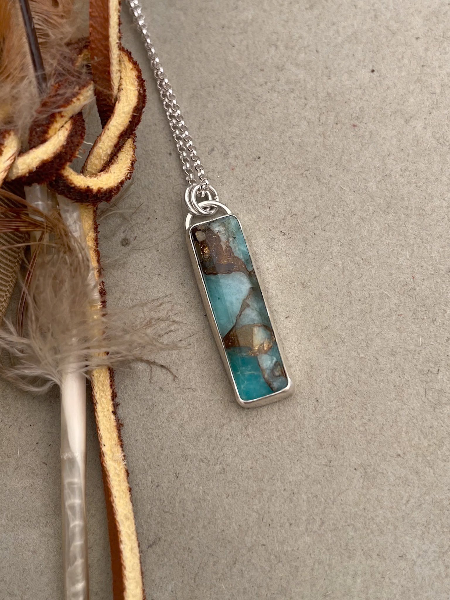 amazonite and bronze rectangle pendant on dainty rolo chain