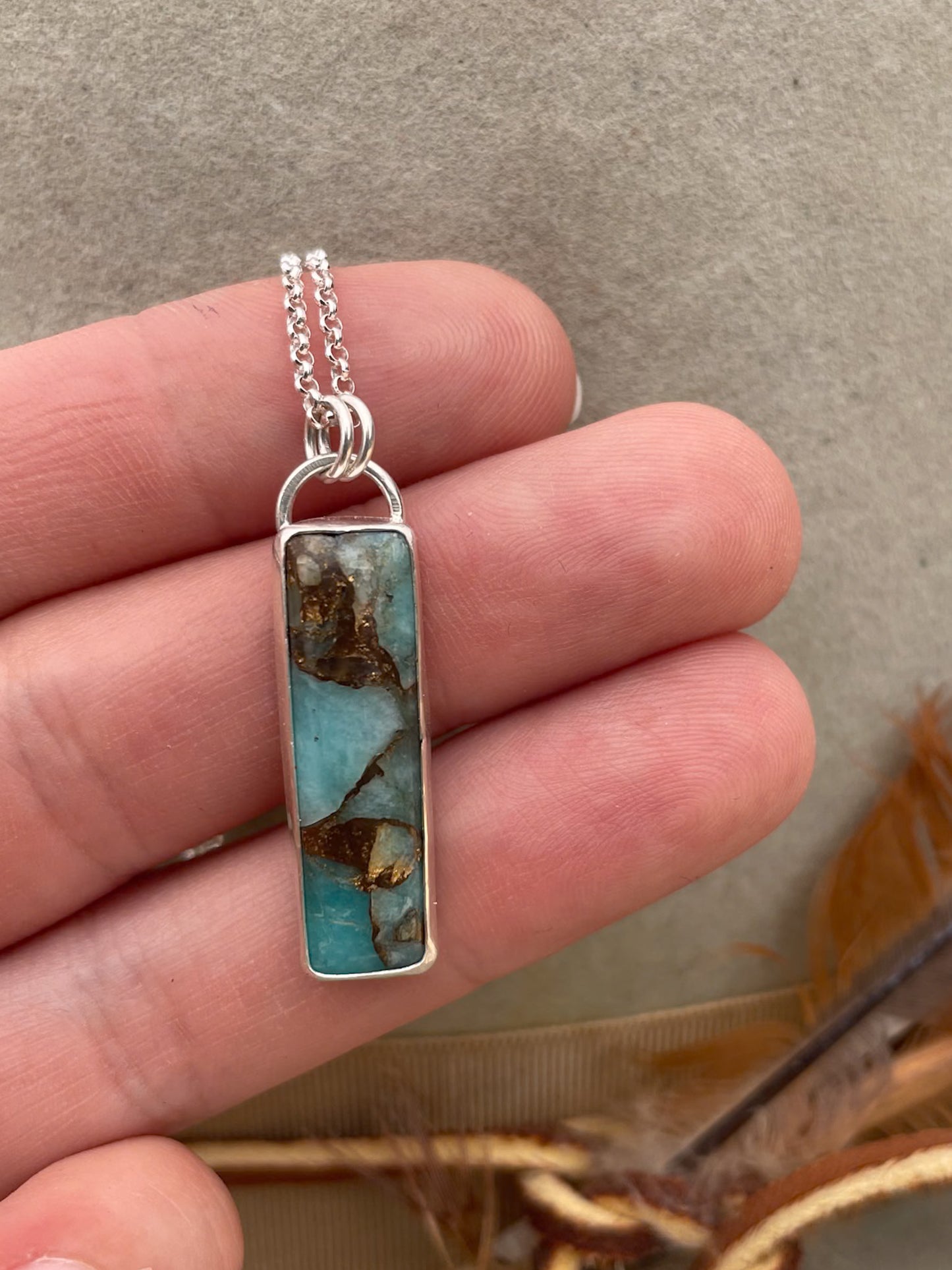 amazonite and bronze rectangle pendant on dainty rolo chain